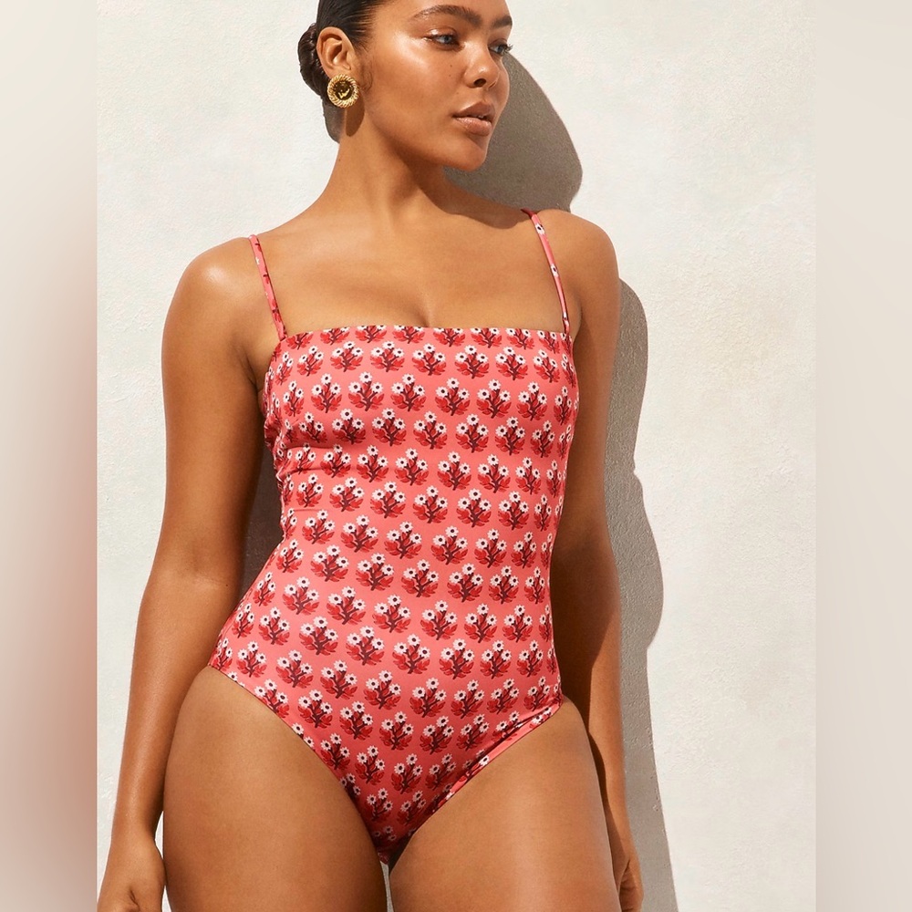 Rare J Crew Gemma Bandeau One-Piece in Classic Sculpt in Coral Multi Block Print